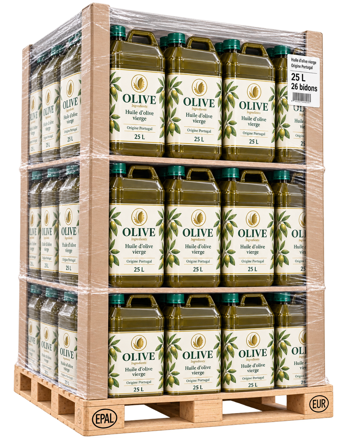 Ilustración: palé filmado de garrafas de 25 L de aceite de oliva virgen OLIVE Ingredients