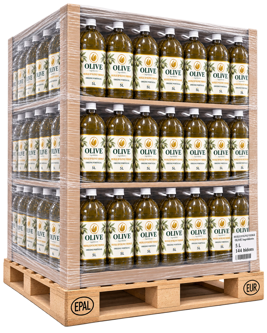 Ilustración: palé filmado de garrafas de 5 L de aceite de oliva virgen OLIVE Ingredients