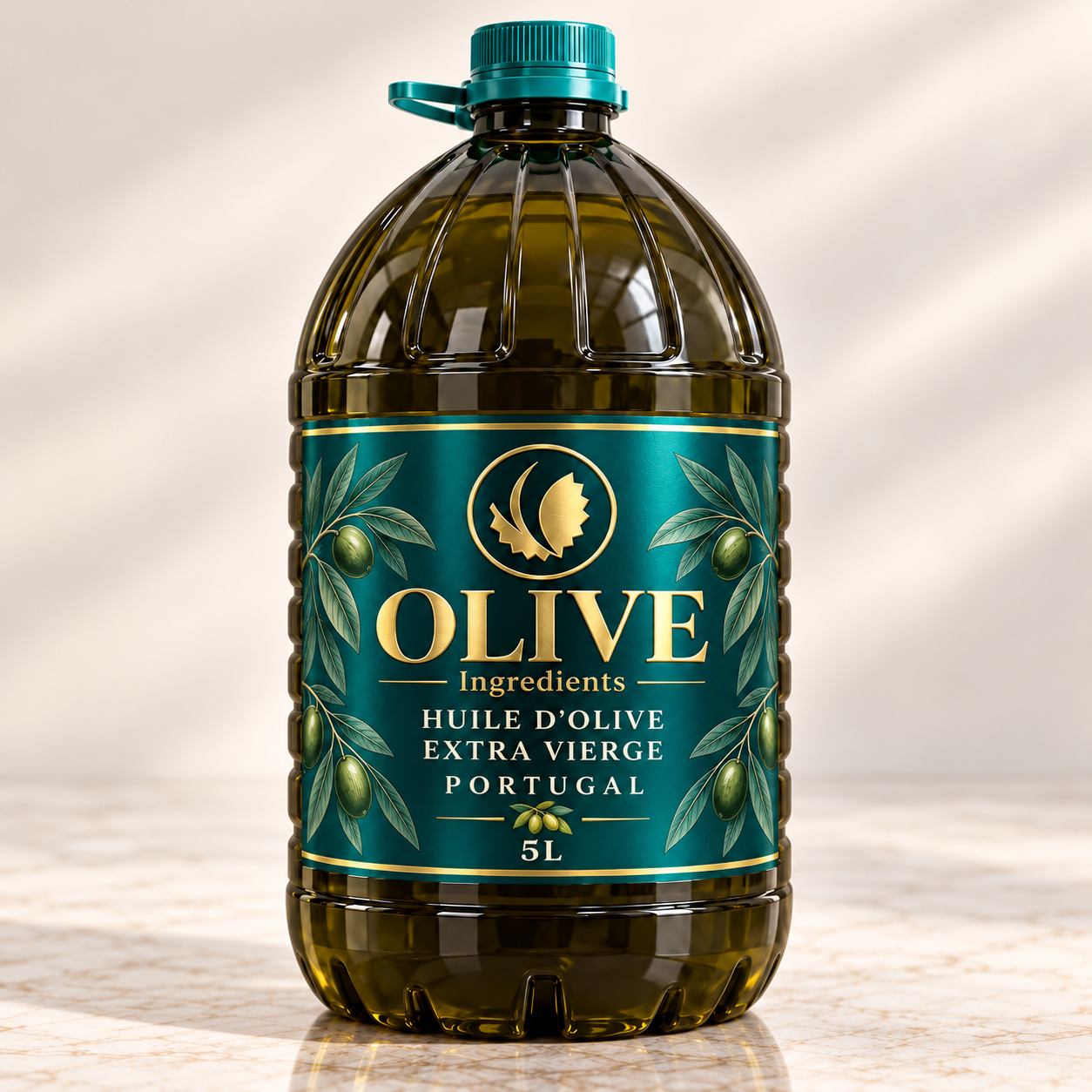 3 bidons de 5 L huile d’olive extra vierge, étiquette « OLIVE Ingredients · HUILE D’OLIVE EXTRA VIERGE · PORTUGAL · 5L »